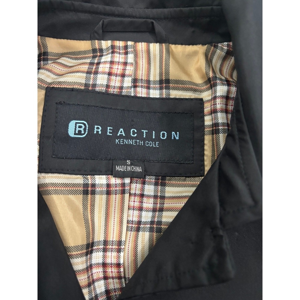 Kenneth Cole Reaction Women Black Trench Coat Plaid Lining Belted Jacket Size S - Picture 4 of 5